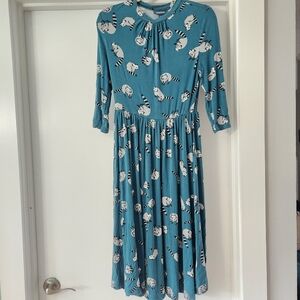 Anthropologie ModCloth Print Appeal Raccoon MIDI Dress Small Teal Green Blue